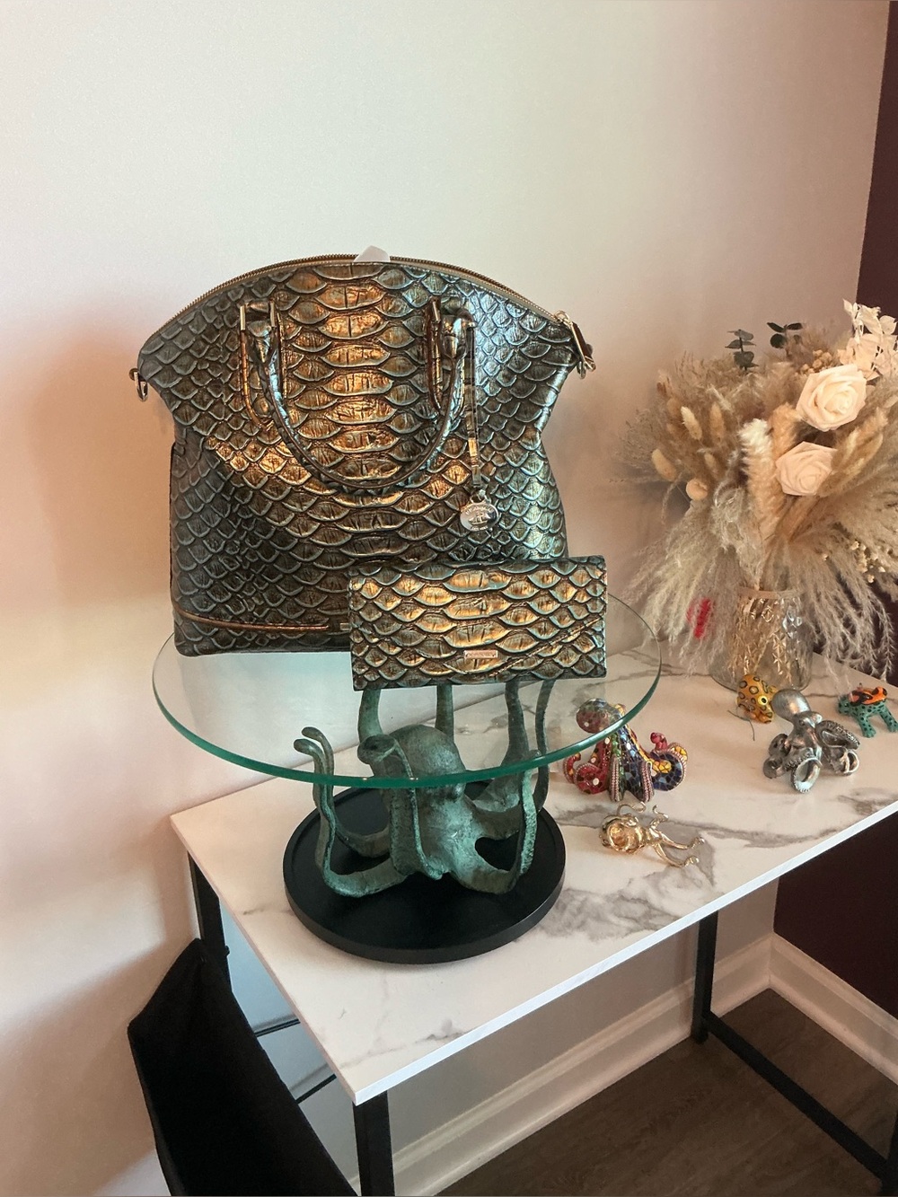 Brahmin Metallic Teal & Gold Tote with Matching Wallet bird of paradise Brasilia